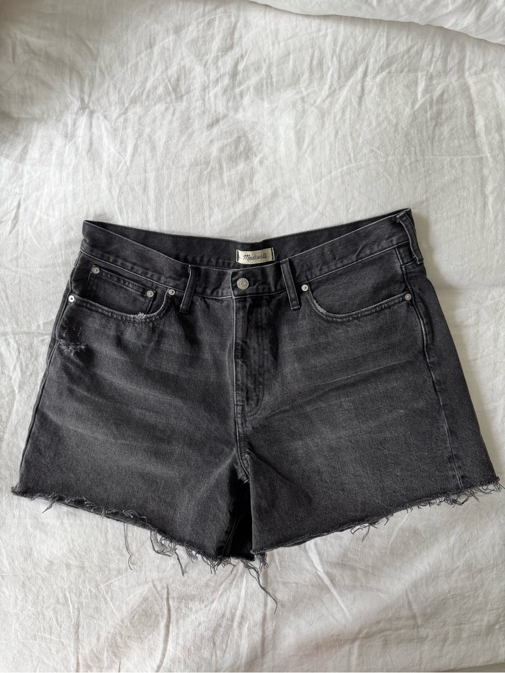 Madewell Relaxed Mid-Length Denim Shorts, Washed Black, Frayed Hem